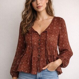 Jolt Boho Rust Sheer Peplum Babydoll  Blouse Floral Button Front NWT Size Small